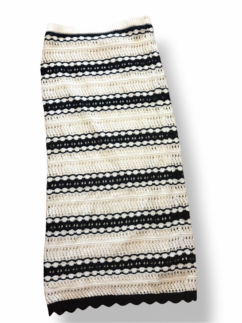 Freshman 1996 Crochet Knit Midi Skirt Medium Black Cream Boho Coastal Cottagecor